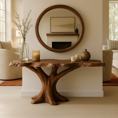 Organic Modern Solid Wood Console Table with Sculpted Tree-Trunk Base and Live-Edge Top