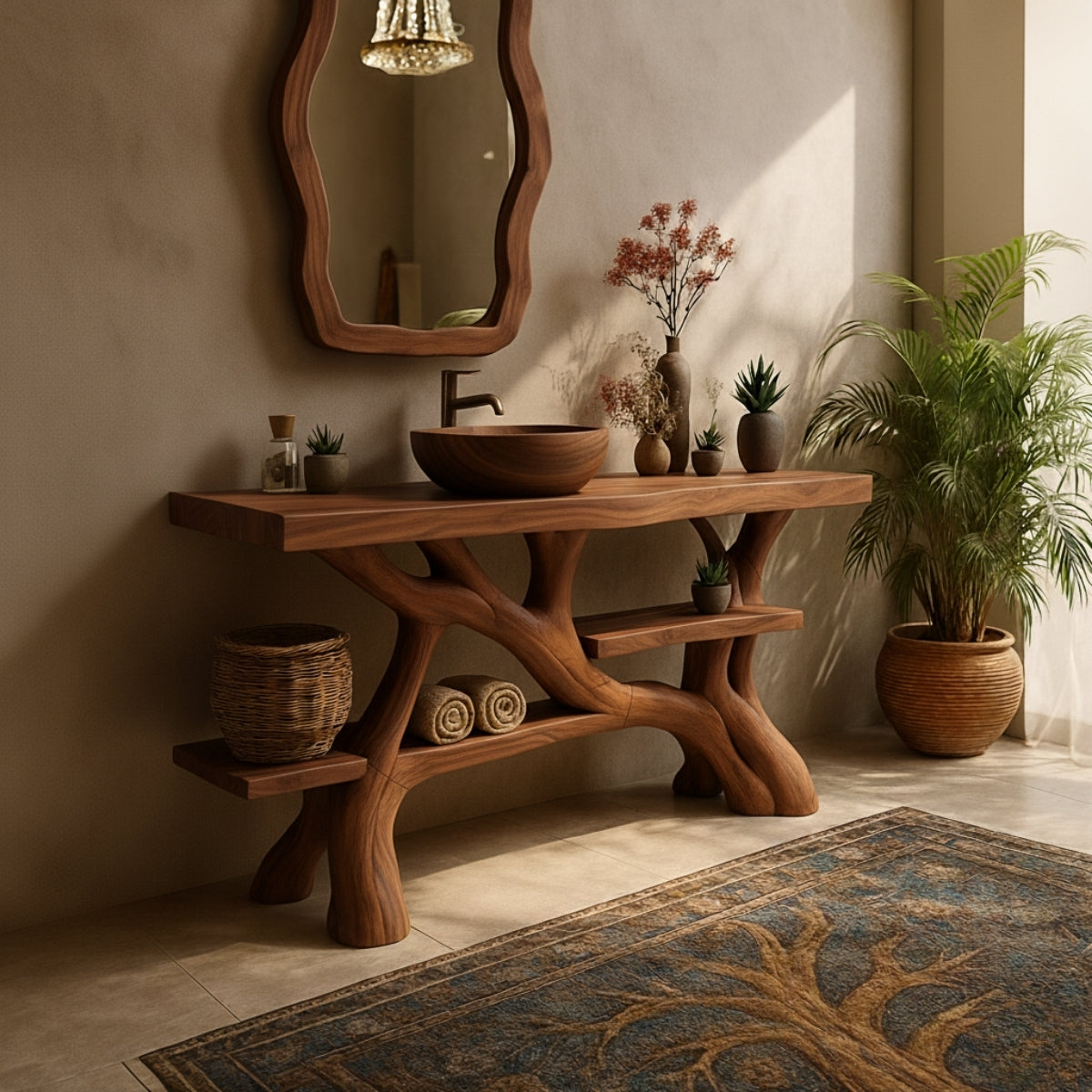 Organic Modern Solid Wood Bathroom Vanity with Hand-Sculpted Tree-Branch Base