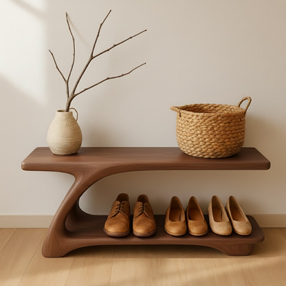 Sculpted Solid Wood Shoe Bench with Fluid Curved Base