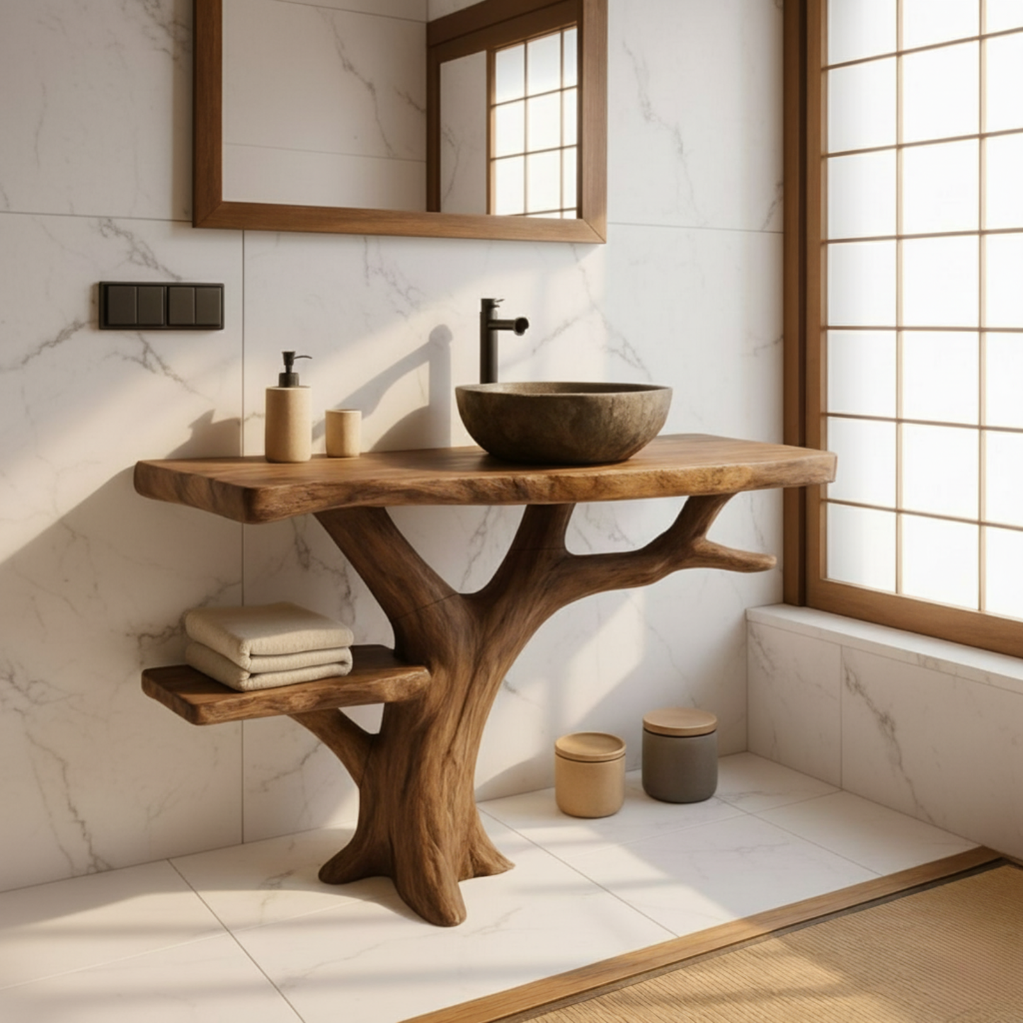 Nature-Inspired Branching Wood Bathroom Vanity with Integrated Shelf
