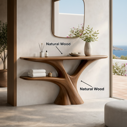 Handmade Live Edge Wood Console Table – Rustic Sculpture Table with Tree Base