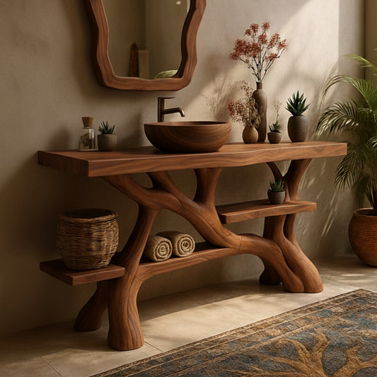 Organic Modern Solid Wood Bathroom Vanity with Hand-Sculpted Tree-Branch Base