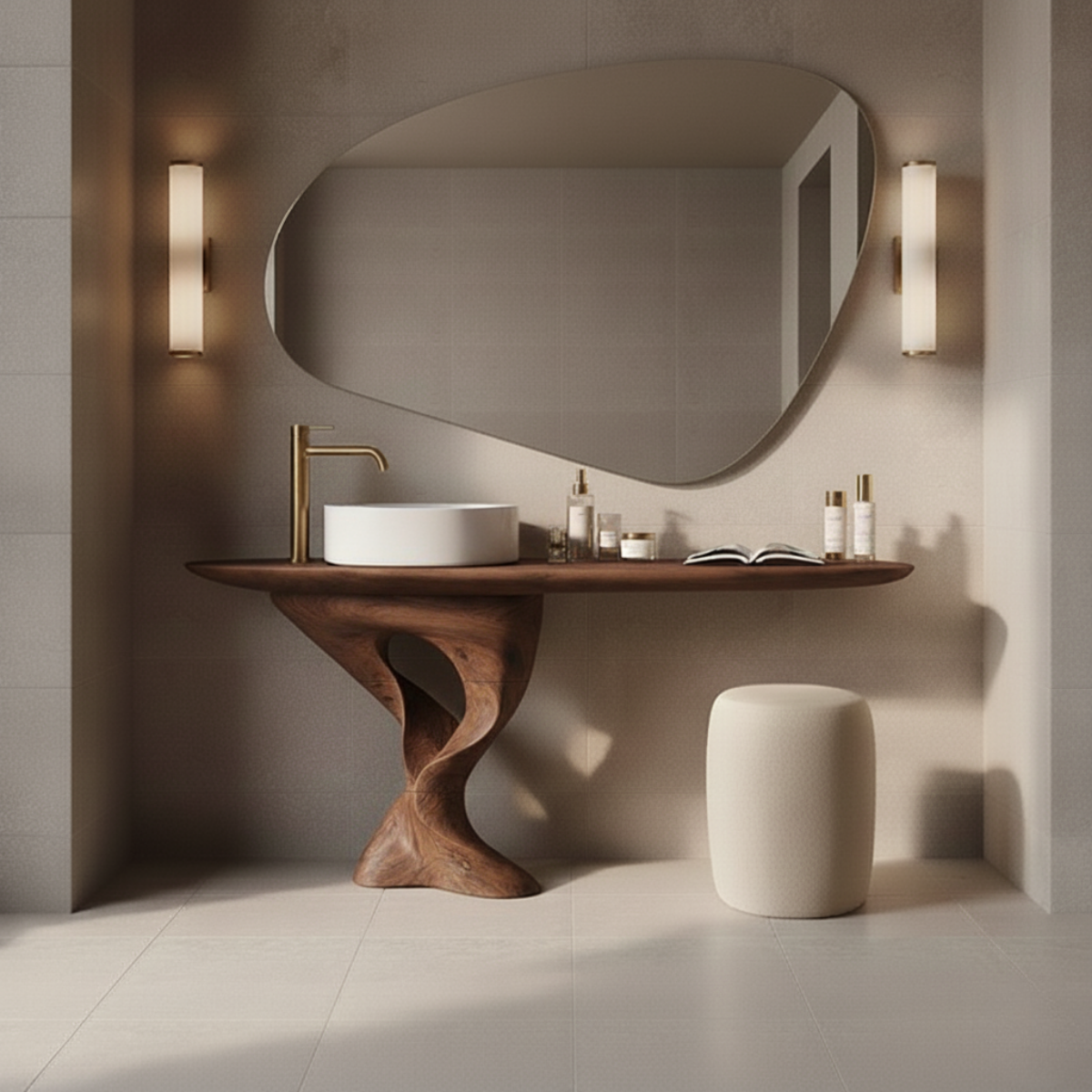 Organic Modern Solid Wood Bathroom Vanity with Sculpted Tree-Trunk Pedestal and Curved Live-Edge Top