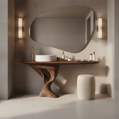 Organic Modern Solid Wood Bathroom Vanity with Sculpted Tree-Trunk Pedestal and Curved Live-Edge Top