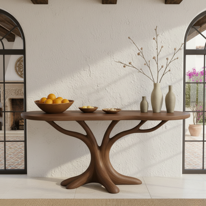 Hand-Carved Solid Wood Console Table in Branching Tree-Form Design