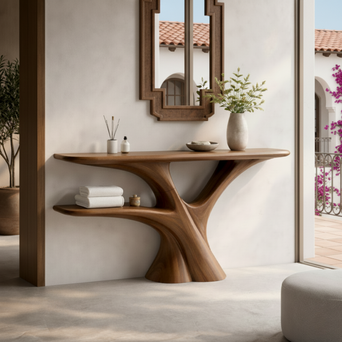 Handmade Live Edge Wood Console Table – Rustic Sculpture Table with Tree Base