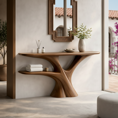 Handmade Live Edge Wood Console Table – Rustic Sculpture Table with Tree Base