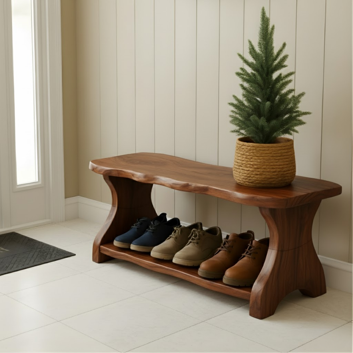 Live-Edge Solid Wood Shoe Bench – Organic Entryway Storage Seat