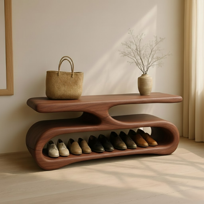Organic Flow Shoe Bench in Solid Wood – Sculptural Entryway Storage