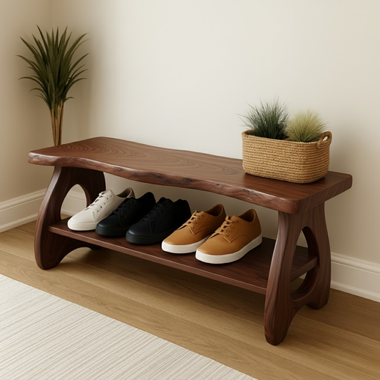 Solid Wood Shoe Bench Featuring Live-Edge Top & Organic Sculpted Legs