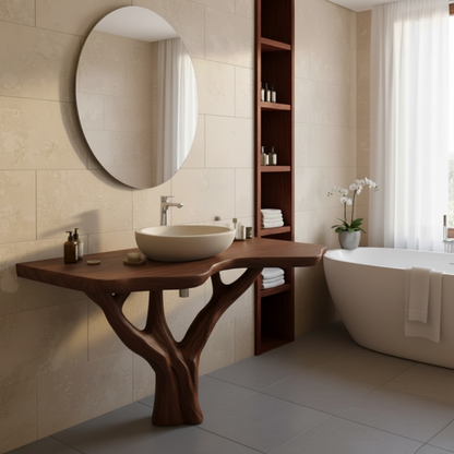 Organic Modern Solid Wood Bathroom Vanity with Live-Edge Top and Sculpted Tree-Trunk Base