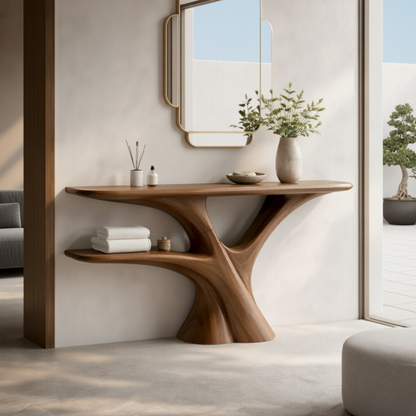 Handmade Live Edge Wood Console Table – Rustic Sculpture Table with Tree Base