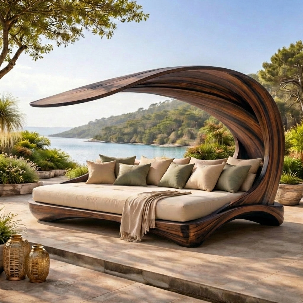 Sculptural Outdoor Wooden Daybed with Flowing Canopy