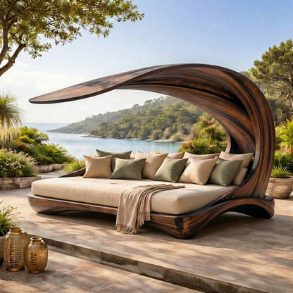 Sculptural Outdoor Wooden Daybed with Flowing Canopy