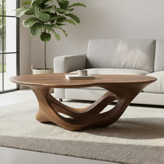 Organic Modern Solid Wood Coffee Table with Sculpted Triple-Flow Base