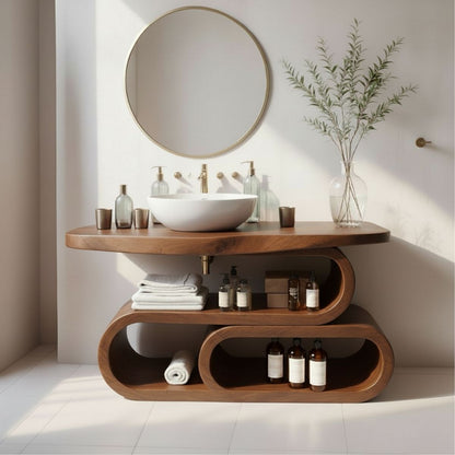 Organic Modern Solid Wood Bathroom Vanity with Sculpted Loop Shelving