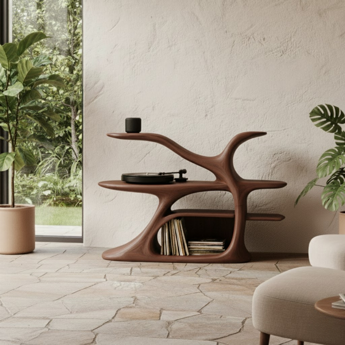Organic Sculptural Turntable Console in Branch-Flow Solid Wood Design