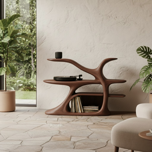 Organic Sculptural Turntable Console in Branch-Flow Solid Wood Design