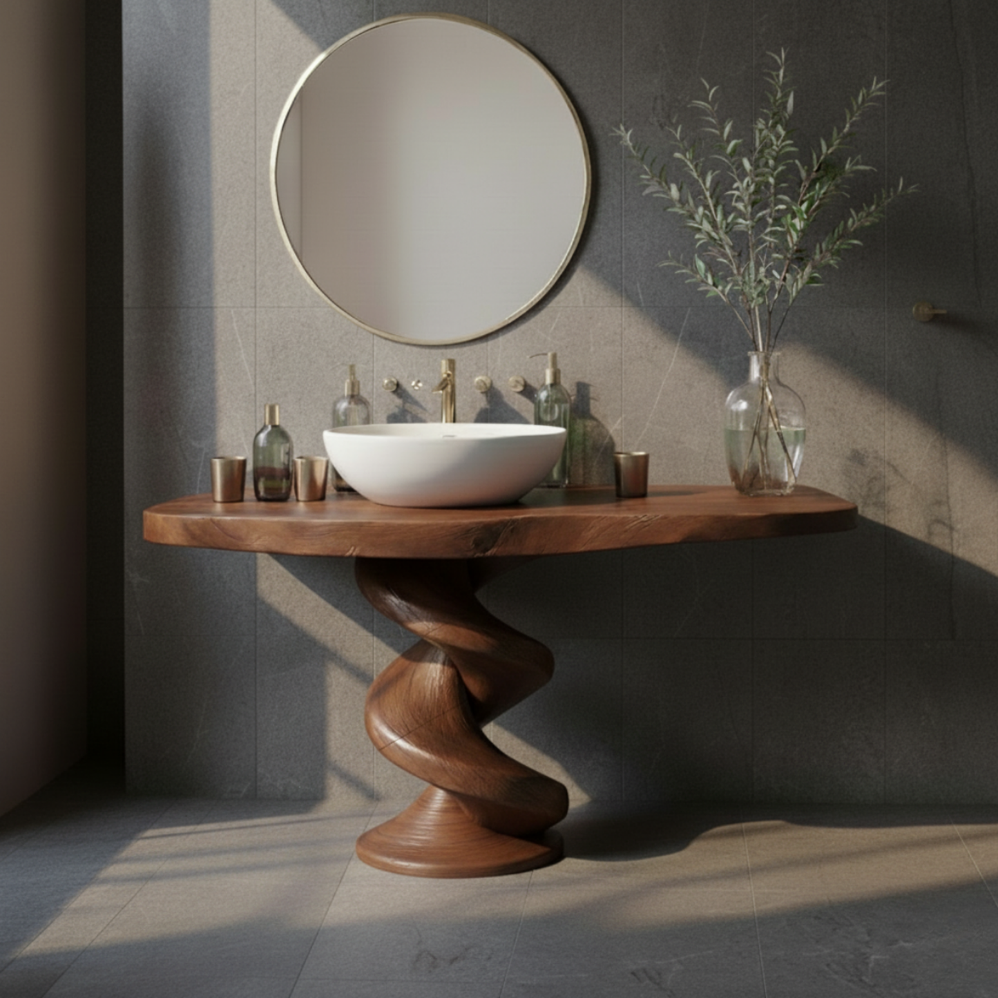 Organic Modern Spiral-Base Solid Wood Bathroom Vanity
