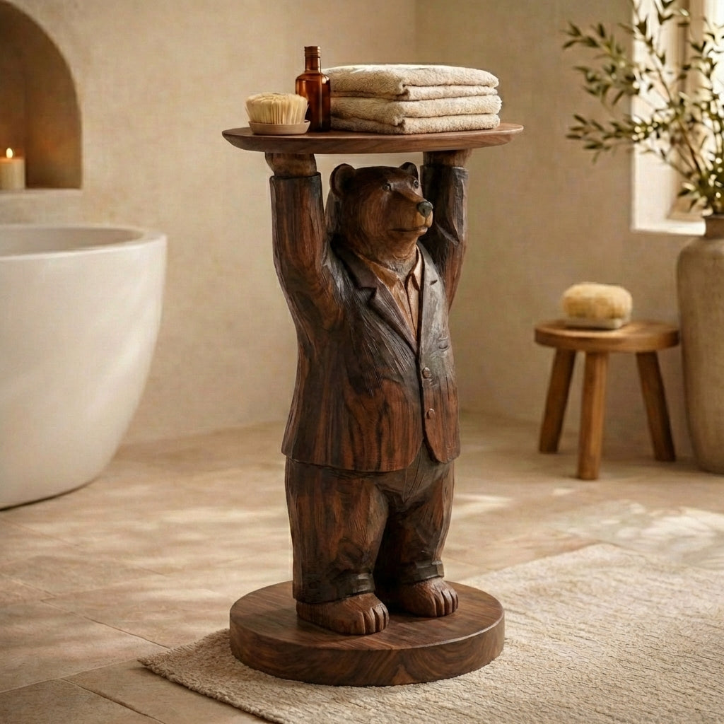 Hand-Carved Bear Butler Bathroom Side Table