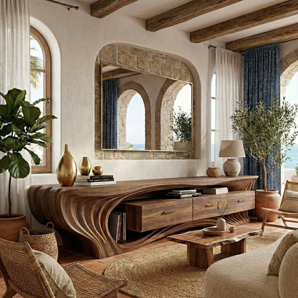 Sculptural Wave Solid Wood TV Console – A Statement of Architectural Luxury
