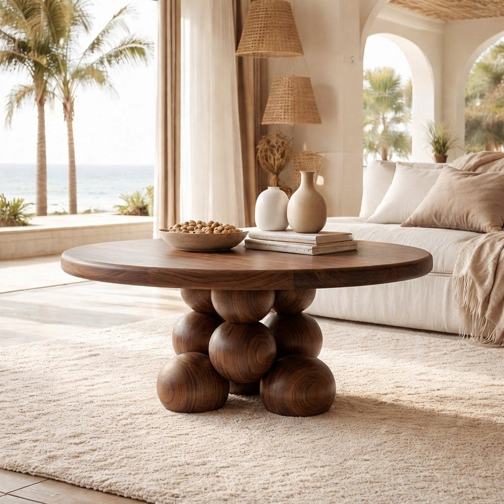 Nine Prosperity Sculptural Coffee Table – Solid Wood Sphere Base, Luxury Gallery Living Room Centerpiece