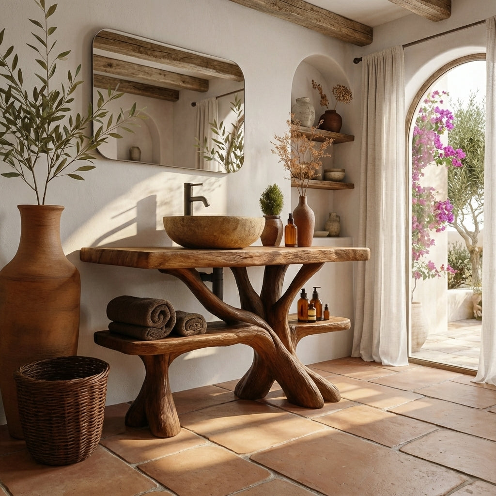 Rustic Luxury Wood Bathroom Vanity with Tree-Root Design