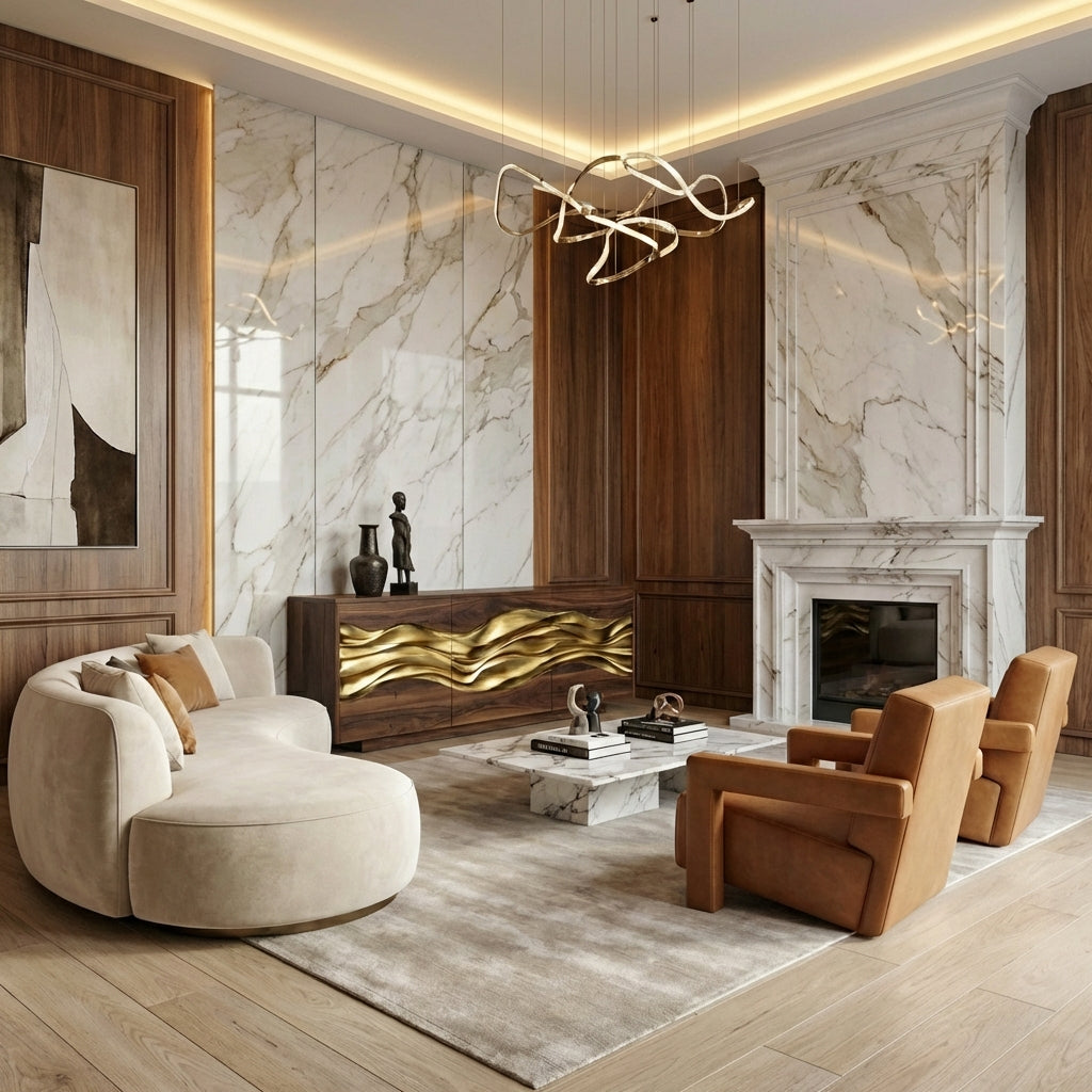 Architectural Sculptural Sideboard | Cabinet with Hand-Carved Gold-Plated Wave