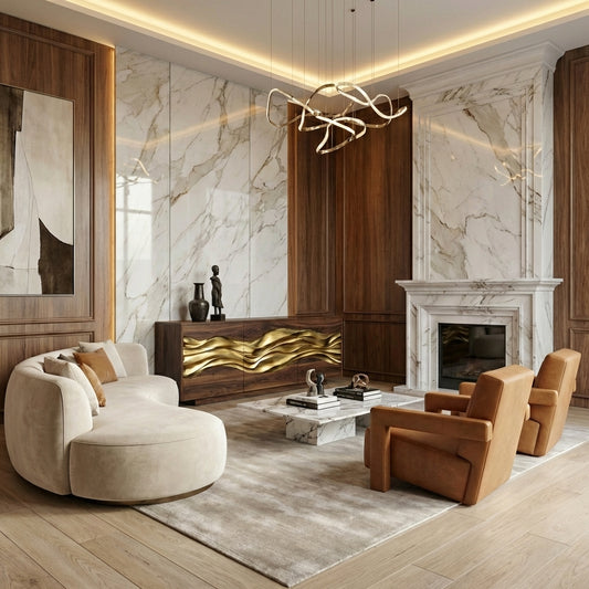 Architectural Sculptural Sideboard | Cabinet with Hand-Carved Gold-Plated Wave