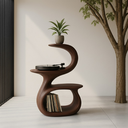 S-Curve Sculpted Solid Wood Turntable Cabinet with Integrated Vinyl Storage