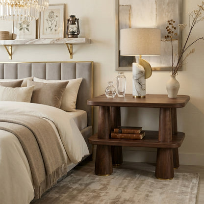 Handcrafted Solid Wood Side Table - Luxurious Bedside Table With Sculpted Trapezoid Design