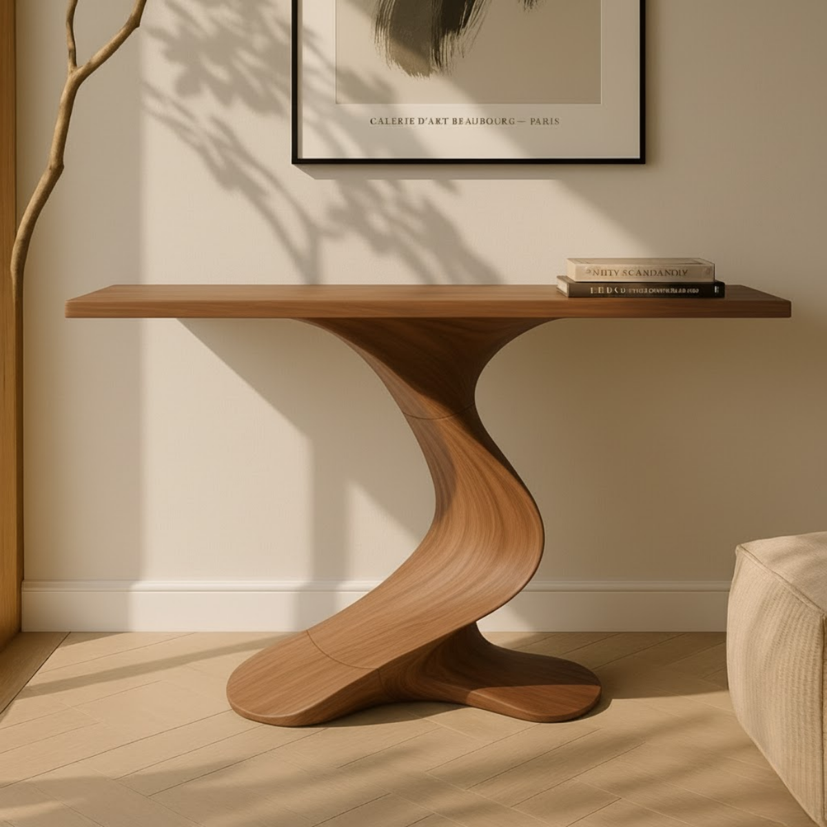 Organic Modern Solid Wood Console Table Featuring a Sculpted S-Curve Base