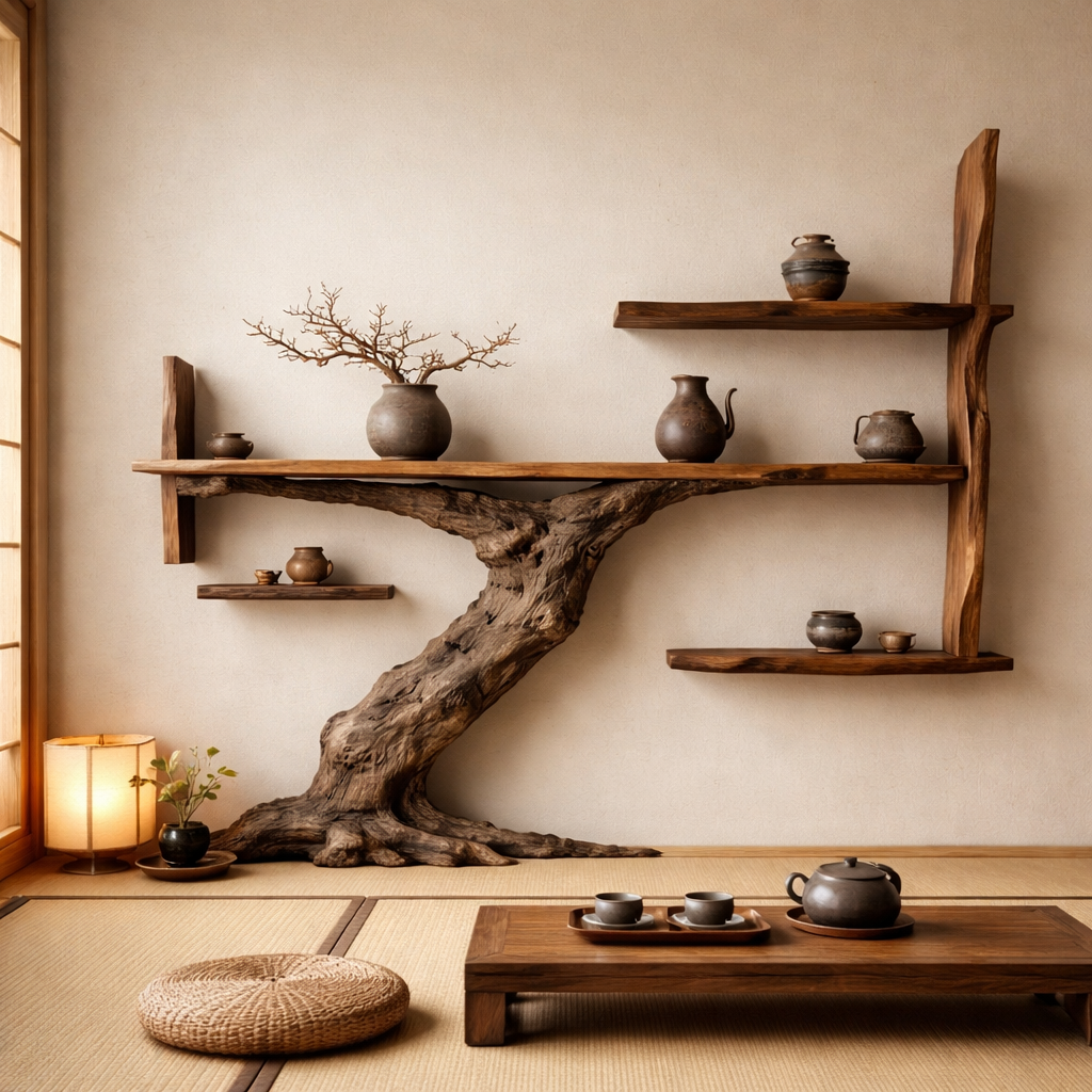 Japandi Sculptural Tree Trunk Shelves for Luxury Interiors