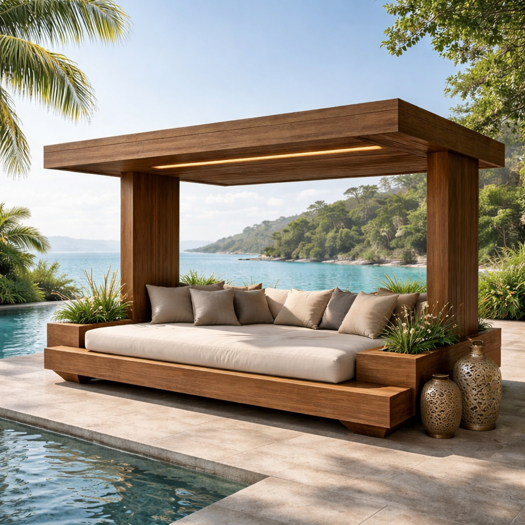 Sculptural Outdoor Wooden Daybed with Flowing Canopy