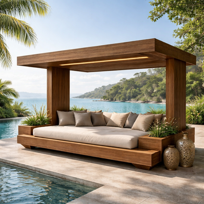 Sculptural Outdoor Wooden Daybed with Flowing Canopy