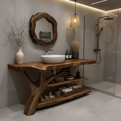 Organic Modern Solid Wood Bathroom Vanity with Tree-Trunk Base and Multi-Level Shelving